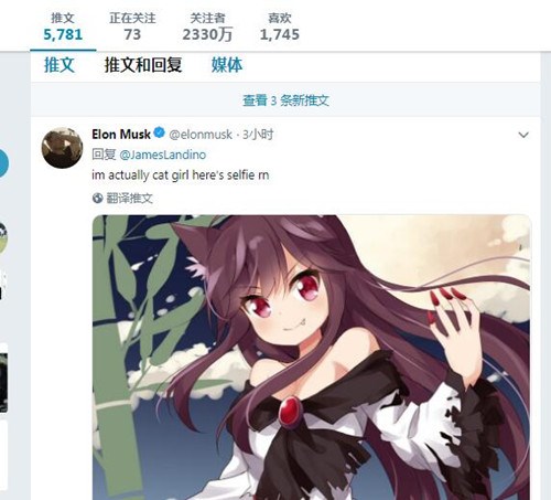 马斯克又调皮了：自称是猫女，还晒出“自拍”